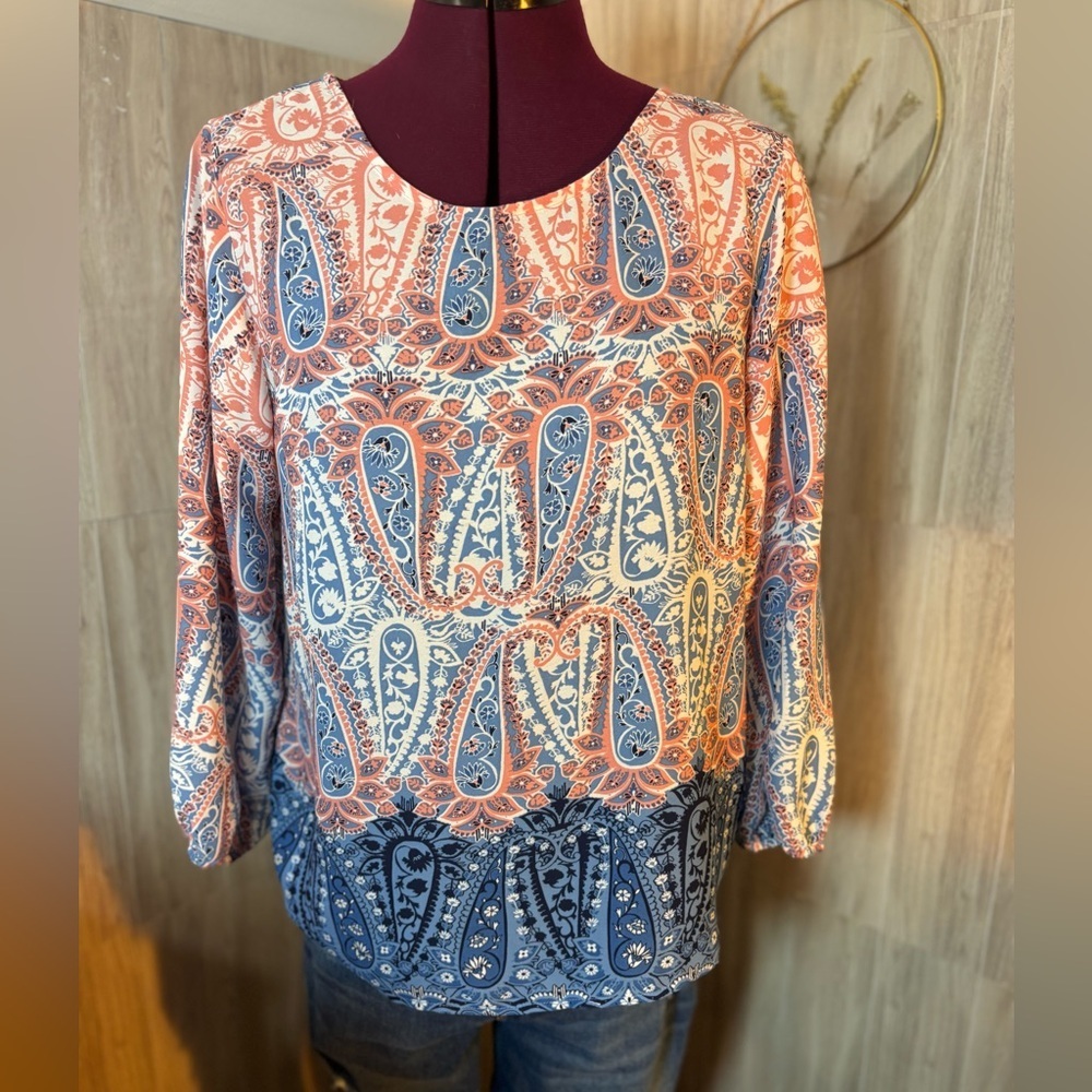 Paisley Long-Sleeve Tunic in Coral and Blue